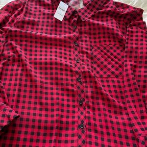 BLOUSE, LONG SLEEVES, RED & BLACK CHECK, SIZE 4X, LIGHTWEIGHT FABRIC, A BIT TRAN